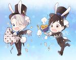  ;d animal_ears black_hair blue_eyes bowl brown_eyes bunny_ears bunny_tail card chibi chopsticks cravat eyes_visible_through_hair food formal glasses gloves hair_over_one_eye hat ice_skates katsudon_(food) katsuki_yuuri male_focus multiple_boys one_eye_closed open_mouth pince-nez playing_card rururu_(make9205) sample silver_hair skates smile snowflakes sparkle suit tail top_hat viktor_nikiforov white_gloves yuri!!!_on_ice 