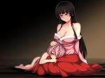  bare_shoulders black_hair blouse blush breasts brown_eyes cleavage closed_mouth collarbone commentary_request empty_eyes fujiwara_no_mokou hime_cut houraisan_kaguya kuroba_rapid large_breasts long_skirt looking_at_another multiple_girls nude off_shoulder pink_blouse silver_hair sitting skirt smile touhou younger 
