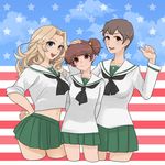  alisa_(girls_und_panzer) alternate_costume american_flag arms_behind_back bangs blonde_hair blouse blue_eyes brown_eyes brown_hair closed_mouth cowboy_shot cropped_legs flag_background freckles girls_und_panzer green_skirt hair_intakes hair_ornament hand_on_another's_head hand_on_hip hao_(udon) highres kay_(girls_und_panzer) long_hair long_sleeves looking_at_viewer midriff miniskirt multiple_girls naomi_(girls_und_panzer) navel neckerchief ooarai_school_uniform open_mouth parted_lips pleated_skirt school_uniform serafuku short_hair short_twintails side-by-side skirt sleeves_rolled_up smile standing star star_hair_ornament twintails very_short_hair white_blouse 
