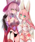  2girls ahoge arc_system_works bare_shoulders black_panties black_sclera blazblue blazblue:_central_fiction blush breasts bridal_veil bunny_ears cape cleavage clover company_connection crossover detached_sleeves elbow_gloves elphelt_valentine four-leaf_clover garter_belt garter_straps gloves green_eyes guilty_gear guilty_gear_xrd hat height_difference konoe_a_mercury large_breasts long_hair looking_at_viewer multiple_girls panties phantom_(blazblue) pink_hair pink_panties ribbon shiny shiny_hair shiny_skin short_hair thighhighs veil very_long_hair witch witch_hat yellow_eyes 