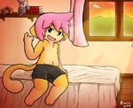  4_fingers bed bedding blanket blue_eyes book boxers_(clothing) bulge cat clothing cub curtains cute_fangs feline final_fantasy fur hair male mammal moogle open_mouth pink_hair pink_nose sitting solo square_enix underwear video_games window yellow_fur young zaaru 