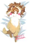  1girl brown_hair female furry heart_censor lion long_hair lying nipple_censor on_back plump purple_eyes solo teko_(tawake) 