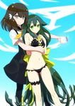  absurdly_long_hair bird_hair_ornament black_bra black_legwear black_panties black_skirt bow bra breasts brown_eyes brown_hair cleavage frilled_bra frilled_panties frills gatchaman_crowds green_eyes green_hair groin hair_ornament holding holding_phone hug hug_from_behind ichinose_hajime long_hair long_skirt multiple_girls navel panties phone ribbon shirt skirt small_breasts smile standing suemizu_yuzuki thigh_strap underwear underwear_only utsutsu very_long_hair white_shirt yellow_bow yellow_ribbon 