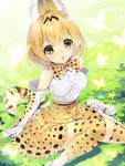  animal_ears animal_print bangs blonde_hair blush bow bowtie breasts brown_bow brown_neckwear bug butterfly commentary_request day elbow_gloves gloves grass high-waist_skirt highres insect kemono_friends medium_breasts open_mouth outdoors rugo serval_(kemono_friends) serval_ears serval_print serval_tail shirt short_hair sitting skirt sleeveless sleeveless_shirt solo tail tan_skirt teeth thighhighs white_gloves white_shirt yellow_eyes 