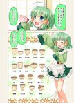  :d ^_^ ahoge apron arm_up blue_eyes cafe-chan_to_break_time closed_eyes comic commentary_request cup eyebrows_visible_through_hair frilled_apron frills green_hair hair_ornament hair_tubes japanese_clothes leaf_hair_ornament long_sleeves midori_(cafe-chan_to_break_time) open_mouth porurin short_hair sleeves_past_wrists smile translation_request yunomi 