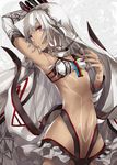  altera_(fate) arm_above_head arm_up armpits bangs bare_shoulders black_nails breasts choker commentary_request cowboy_shot dark_skin detached_sleeves fate/extella fate/extra fate/grand_order fate_(series) hips looking_at_viewer midriff nail_polish navel photon_ray pokimari red_eyes revealing_clothes short_hair small_breasts solo sword tattoo veil weapon white_hair 