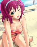  bare_legs bare_shoulders barefoot bikini breasts cleavage collarbone digdug006 drain_(object) eyebrows eyebrows_visible_through_hair from_above green_eyes hair_ornament medium_breasts minagawa_harumi one_eye_closed open_mouth outdoors pink_hair pool pool_ladder poolside short_hair solo swimsuit thighs tile_floor tiles water wet wet_clothes wet_swimsuit wrestle_angels wrestle_angels_survivor wrestle_angels_survivor_2 