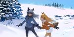  :d :o animal_ears bangs black_gloves blonde_hair blue_sky bow bowtie buttons cold commentary day eye_contact eyelashes ezo_red_fox_(kemono_friends) fox_ears fox_tail from_side fur_trim gloves grey_hair hair_between_eyes highres kemono_friends long_hair long_sleeves looking_at_another multicolored_hair multiple_girls necktie open_mouth orange_eyes outdoors outstretched_arm outstretched_arms pantyhose pine_tree pleated_skirt pocket profile rock scenery shirt sidelocks silver_fox_(kemono_friends) skirt sky smile snow tail tareme tree treeware two-tone_hair walking 