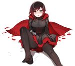  :o black_hair blush feet grey_eyes highlights highres leaning_back multicolored_hair ndgd no_shoes pantyhose red_hair ruby_rose rwby short_hair sitting solo 