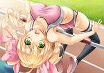  arched_back ass black_legwear blonde_hair breasts buruma green_eyes high_jump jumping kamiya_tomoe leaning_back long_hair medium_breasts midriff moe2017 open_mouth original ribbon shoes sneakers solo sport sports_bikini sports_bra thighhighs track track_uniform twintails 