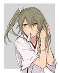  adjusting_hair hair_down hair_half_undone hatyo japanese_clothes kantai_collection long_hair mouth_hold ribbon simple_background solo tying_hair white_ribbon yellow_eyes zuikaku_(kantai_collection) 