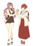  ai-wa backpack bag breasts camilla_(fire_emblem_if) cardigan cleavage contemporary crepe fire_emblem fire_emblem_if food hair_over_one_eye hairband handbag highres hinoka_(fire_emblem_if) large_breasts long_skirt multiple_girls purple_eyes purple_hair red_eyes red_hair shoes short_shorts shorts skirt smile sneakers strappy_heels 