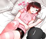  bed garter_straps grey_eyes highres hood multicolored_hair ndgd pajamas pillow ruby_rose rwby short_shorts shorts solo thighhighs 