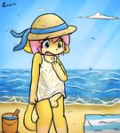  4_fingers balls beach blue_eyes bottomless cat clothed clothing cloud cub cute_fangs erection feline fur hair hat humanoid_penis male mammal open_mouth penis pink_hair pink_nose sand seaside sky solo water wet_clothing yellow_fur young zaaru 