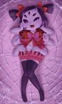  1girl black_legwear blue_skin child collarbone fangs hair_ribbon happy insect_girl looking_at_viewer lying mion_orz monster_girl muffet multiple_arms multiple_eyes multiple_hands navel on_back red_ribbon ribbon simple_background solo spider_girl thighhighs twintails undertale 