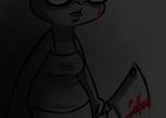  2017 anthro black_and_white blood breasts buckteeth cleaver clothed clothing dialogue disney english_text eyewear fan_character female glasses holding_object holding_weapon inkyfrog knife lagomorph mammal maxine_d&#039;lapin melee_weapon monochrome rabbit restricted_palette simple_background teeth text weapon white_background zootopia 