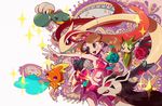  bagon brown_hair earrings green_eyes haruka_(pokemon) midriff mightyena milotic open_mouth pokemon pokemon_(creature) pokemon_(game) ribbon roselia skirt smile sparkles torchic 