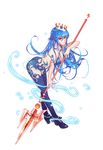  ass athena_chronicles blue_hair bracelet breasts cleavage crown full_body hair_ornament highres jewelry large_breasts leaning_forward long_hair looking_at_viewer midriff necklace original pink_eyes polearm poseidon_(athena_chronicle) smile solo standing trident weapon xion32 