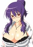  arm_garter black_bra bra breasts cleavage closed_mouth collarbone commentary_request folded_ponytail glasses hair_ornament jewelry lace lace-trimmed_bra large_breasts long_sleeves looking_at_viewer mole mole_on_breast necklace nishiumi_yuuta partial_commentary purple_hair red-framed_eyewear red_eyes senran_kagura senran_kagura_burst sidelocks solo suzune_(senran_kagura) underwear upper_body white_background 