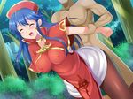  1girl absurdres arm_grab bent_over blue_eyes blue_hair blush breasts choker clothed_sex dress erect_nipples eyes_closed fire_emblem fire_emblem:_fuuin_no_tsurugi hat implied_sex lilina pantyhose rape skirt tears 