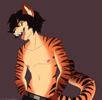  anthro clothed clothing feline looking_at_viewer male mammal nipples puccaruu smile solo tiger tongue tongue_out topless 