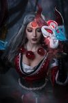  1girl anissa ball breasts chains cleavage cosplay diana_(league_of_legends) eyes_closed grey_hair league_of_legends lipstick long_hair makeup mark mask rope tagme 