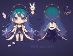  2017 :&lt; acidear bangs black_nails blue_background blue_dress blue_hair chibi closed_mouth constellation_print directional_arrow dress eighth_note facepaint from_behind full_body gradient_hair green_hair hatsune_miku leg_tattoo long_hair looking_at_viewer multicolored_hair multiple_views musical_note nail_polish sandals simple_background sleeveless sleeveless_dress staff star starry_sky_print stuffed_animal stuffed_bunny stuffed_toy tareme tattoo twintails vocaloid 