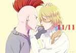  artist_name bad_id bad_pixiv_id bald bazz-b bleach blonde_hair blue_eyes blush dated earrings food green_eyes jewelry jugram_haschwalth long_hair male_focus mohawk multiple_boys necklace pocky pocky_day pocky_kiss red_hair ronisuke shared_food simple_background upper_body yaoi yellow_background 