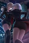 ahoge artoria_pendragon_(all) ass blonde_hair fate/grand_order fate/stay_night fate_(series) jacket jeanne_d'arc_(alter)_(fate) jeanne_d'arc_(fate)_(all) long_hair looking_at_viewer multiple_girls ponytail saber_alter short_hair shorts smile sushimaro wicked_dragon_witch_ver._shinjuku_1999 yellow_eyes 