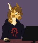  anthro clothed clothing computer giraffe hair horn male mammal puccaruu simple_background sitting smile solo 