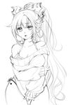  bare_shoulders bow bra breasts cleavage clothes_tug collarbone fujiwara_no_mokou hair_bow highres lace lace-trimmed_bra large_breasts long_hair long_sleeves monochrome no_pants off-shoulder_sweater panties ponytail shangguan_feiying side-tie_panties sketch sweater sweater_tug touhou underwear very_long_hair 