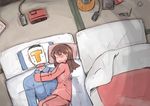  1girl admiral_(kantai_collection) alarm_clock blanket cellphone charger clock commentary_request condom cuddling enjaku_izuku from_above futon glasses highres kantai_collection phone pillow ryuujou_(kantai_collection) smartphone sweat transparent x-ray 