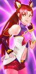  absurdres artist_name bad_id bad_pixiv_id bare_shoulders fingerless_gloves gloves halter_top halterneck hand_on_hip highres jinx_(league_of_legends) kkun88 league_of_legends long_hair midriff mismatched_gloves nail_polish navel pink_nails purple_background red_hair short_shorts shorts smile solo star_guardian_jinx twintails yellow_eyes 