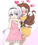  2girls blue_eyes blush brown_hair green_eyes heart heart_tongue hug hug_from_behind kanna_kamui kobayashi-san_chi_no_maidragon multiple_girls open_mouth purple_hair saikawa_riko thighhighs yuri 