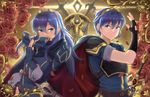  1girl blue_eyes blue_hair breastplate cape commentary falchion_(fire_emblem) fingerless_gloves fire_emblem fire_emblem:_kakusei fire_emblem:_monshou_no_nazo fire_emblem_heroes gloves hand_on_hip long_hair lucina magister_(medical_whiskey) marth mask mask_removed pauldrons petals rose_background sword symbol-shaped_pupils tiara weapon wrist_cuffs 