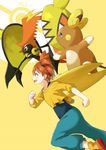  crossover dress green_eyes happy hoshizora_rin love_live!_school_idol_project orange_hair pokemon raichu)(alolan_form) short_hair side_ponytail tapu_koko 