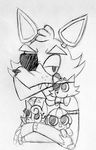  2015 animatronic anthro balloon_boy_(fnaf) black_and_white bow_tie bust_portrait canine crossed_arms eye_patch eyewear five_nights_at_freddy&#039;s five_nights_at_freddy&#039;s_2 fox foxy_(fnaf) hat inkyfrog looking_at_viewer machine male mammal mangle_(fnaf) monochrome plushie portrait propeller_hat robot simple_background solo traditional_media_(artwork) video_games white_background 