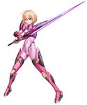  armor blonde_hair bodysuit breasts character_request legs lilith-soft looking_at_viewer nipples no_bra phil_read_(taimanin_asagi) short_hair small_breasts taimanin_asagi taimanin_asagi_battle_arena vuccha weapon 