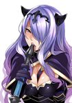  black_armor blush breasts camilla_(fire_emblem_if) cleavage fire_emblem fire_emblem_if gloves hair_over_one_eye large_breasts licking licking_weapon long_hair looking_at_viewer purple_eyes purple_hair sexually_suggestive solo tiara tongue tongue_out upper_body wavy_hair white_background yuuki_shin 