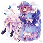  blue_dress bug butterfly commentary_request dress hat high_heels insect m_(neteitai10) mary_janes mob_cap obi pink_eyes pink_hair saigyouji_yuyuko sash shoes sleeves_past_wrists smile tabi touhou triangular_headpiece veil wide_sleeves 