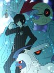  absol arm_up baseball_cap black_hair black_hat black_pants breast_pocket buttons closed_mouth crossover danganronpa dappled_sunlight expressionless fang gakuran gen_2_pokemon gen_3_pokemon hat light long_sleeves looking_away lunatone male_focus metagross negi_(ngng_9) new_danganronpa_v3 open_mouth pants pocket pokemon pokemon_(creature) red_eyes saihara_shuuichi school_uniform serious sharp_teeth shirt skarmory standing striped striped_pants sunlight teeth white_shirt yellow_eyes 