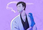  akon bad_id bad_pixiv_id black_hair bleach cigarette gloves horns male_focus mask mask_removed purple_background ronisuke smoke smoking solo surgical_mask teeth upper_body 