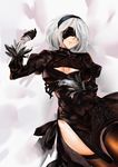  ae_(alter-c) bad_id bad_pixiv_id black_blindfold black_dress black_hairband blindfold breasts cleavage cleavage_cutout covered_eyes dress facing_viewer feather-trimmed_sleeves gloves hairband juliet_sleeves large_breasts long_sleeves lying mole mole_under_mouth nier_(series) nier_automata parted_lips puffy_sleeves silver_hair skindentation smile thighhighs turtleneck turtleneck_dress vambraces yorha_no._2_type_b 