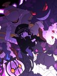  arm_up banette black_cloak black_hat chandelure cloak crossover danganronpa dusknoir evil_grin evil_smile fleur_de_lis gen_1_pokemon gen_3_pokemon gen_4_pokemon gen_5_pokemon gengar grin hair_between_eyes half-closed_eyes hand_up hat high_collar light light_trail long_sleeves looking_at_viewer male_focus negi_(ngng_9) new_danganronpa_v3 one-eyed orange_eyes ouma_kokichi pants peaked_cap pink_eyes pokemon pokemon_(creature) purple_eyes purple_hair red_eyes shirt smile smirk straitjacket white_pants white_shirt 