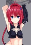  &gt;:) ahoge arm_cannon armpits arms_up black_vest blue_eyes blush braid closed_mouth detached_sleeves elbow_gloves eyebrows_visible_through_hair fingerless_gloves gloves grey_background hair_intakes hair_ornament kurosaki_mea long_hair looking_at_viewer midriff navel red_hair simple_background smile solo stomach tatsuno_(saya-tatsuno) to_love-ru to_love-ru_darkness upper_body v-shaped_eyebrows vest weapon 