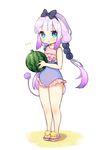  :o ayamy ball bangs bare_arms bare_legs bare_shoulders beachball black_hairband blue_eyes blunt_bangs blush casual_one-piece_swimsuit child covered_navel dragon_tail eyebrows_visible_through_hair frilled_swimsuit frills full_body hair_bobbles hair_ornament hairband holding holding_ball kanna_kamui kobayashi-san_chi_no_maidragon looking_at_viewer low_twintails one-piece_swimsuit open_mouth pink_hair purple_swimsuit sandals solo swimsuit tail tareme translated twintails watermelon_beachball 