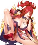  1girl ass astaroth_(taimanin_asagi) bare_legs bare_shoulders breasts cleavage dress female fire huge_ass kimono large_breasts long_hair looking_at_viewer magic naughty_face no_bra pantyshot ponytail potion_(moudamepo) red_hair shiny shiny_skin sideboob sitting smile solo taimanin_(series) taimanin_asagi taimanin_asagi_battle_arena tattoo thong very_long_hair yellow_eyes 