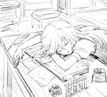  book closed_eyes desk greyscale headwear_removed inkwell kirisame_marisa leon_(mikiri_hassha) long_hair monochrome open_book open_mouth pen puffy_sleeves short_sleeves sketch sleeping solo test_tube touhou 