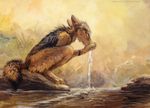  2014 anthro black-backed_jackal black_fur bracelet brown_fur canine claws drinking eyes_closed fur jackal jewelry kenket male mammal nude outside painting_(artwork) paws sitting traditional_media_(artwork) water waterhole 