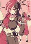  breasts brown_eyes brown_hair cleavage commentary_request cross cross_necklace fingerless_gloves gloves heterochromia jewelry large_breasts long_hair multicolored_hair multiple_views necklace neo_(rwby) parasol pink_eyes pink_hair rwby smile translation_request umbrella yukataro 
